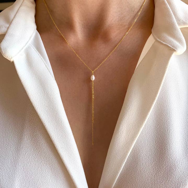 Victoire Collection - Wholesale Y-Neck/Lariat Necklace - Freshwater Pearl Stainless Steel Long Women's Necklace