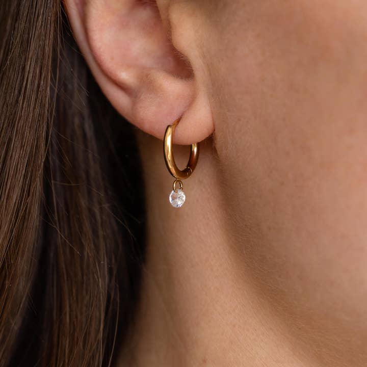 Victoire Collection - Wholesale Hoop Earrings - Small stainless steel hoop earrings with stone pendant