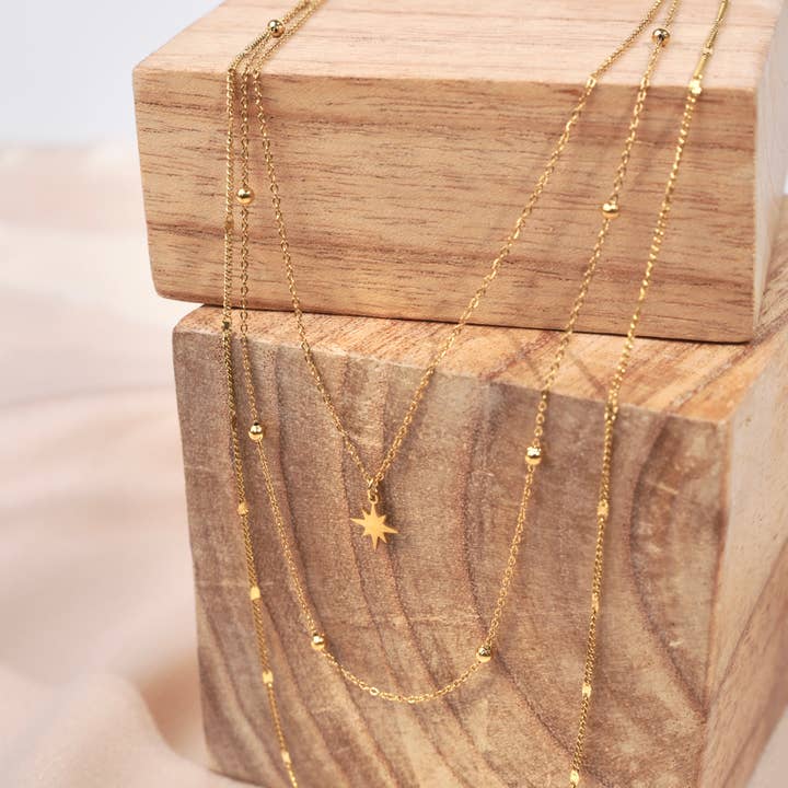 Victoire Collection - Wholesale Pendant/Charm Necklace - Fine triple row necklace, chains, star pendant
