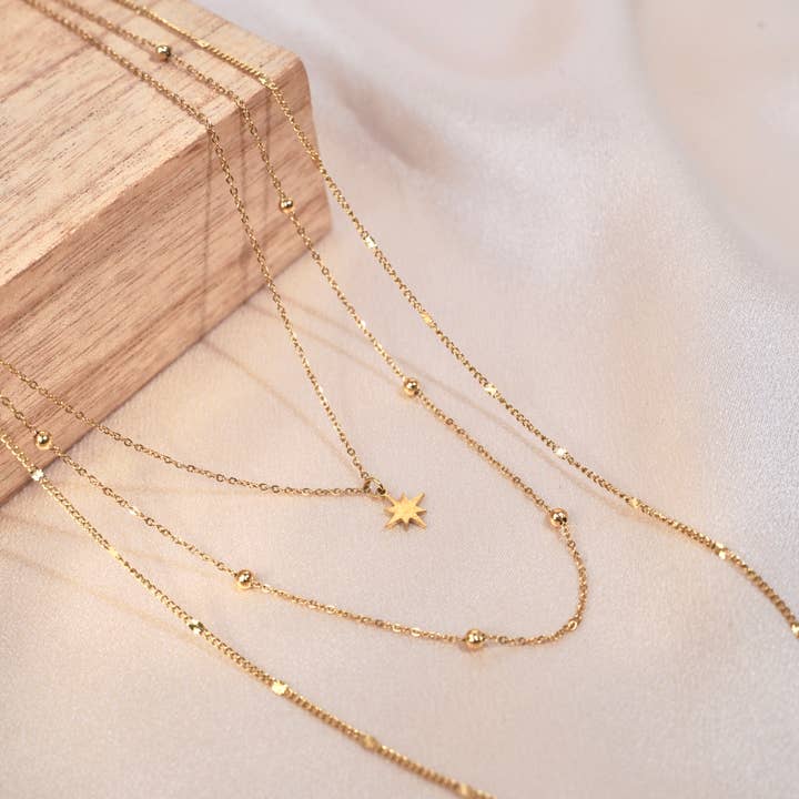 Victoire Collection - Wholesale Pendant/Charm Necklace - Fine triple row necklace, chains, star pendant